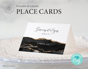 Black & Gold Agate Place Card - Printable Place Card, Editable Table Cards, Buffet Card, Food Sign, Food Labels, Tented Cards, Edit in Corjl