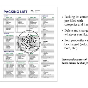 May include: A black and white printable packing list with categories for basics, travel aids, funds, travel info, hygiene, first aid, miscellaneous, bags and cases, contacts, work documents, clothing, footwear, and accessories. The list includes checkboxes for each item.