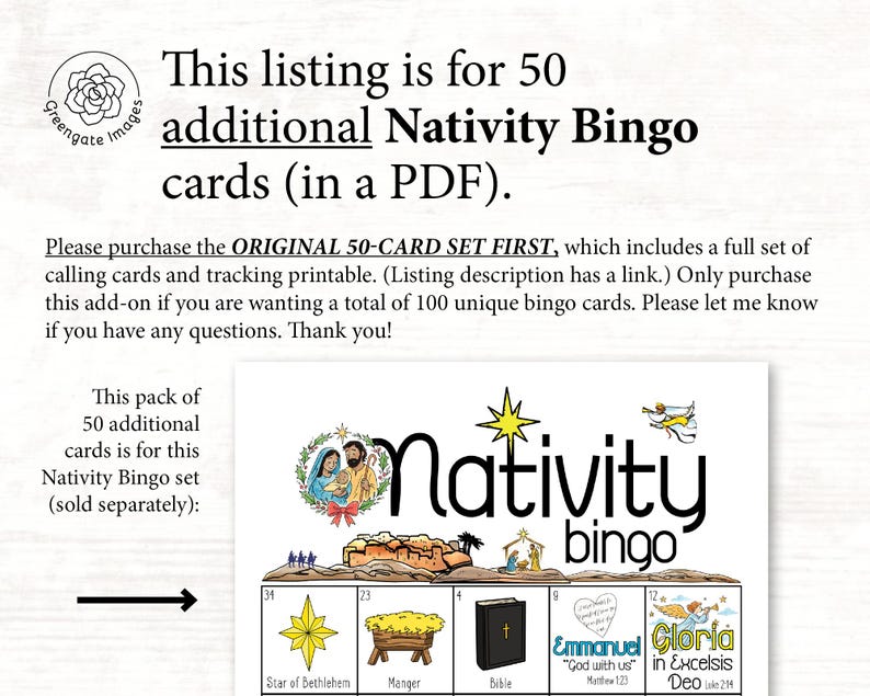ADD-ON: 50 additional Nativity Bingo cards (numbered 51-100) to go with the original game that is sold separately image 2