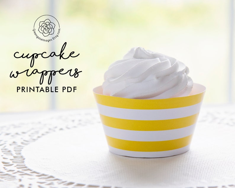 Yellow Striped Printable Cupcake Wrapper Instant Digital Etsy