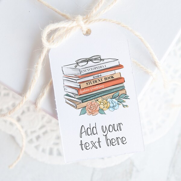 Schoolbooks Gift Tag - PRINTABLE, personalize in Corjl, editable instant download. Stack of textbooks & flowers, soft pastel feminine color.