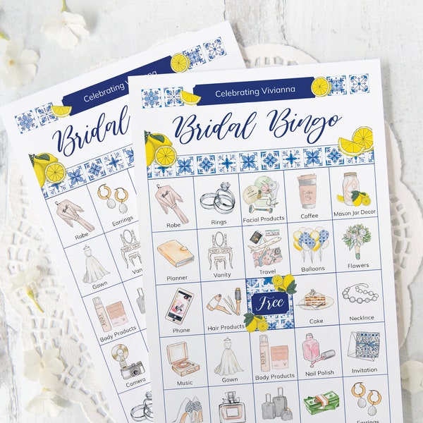 Lemons and Blue Tile Bridal Bingo Cards - PRINTABLE set 50 unique cards as a PDF. Personalize the header and title text using Adobe Reader.