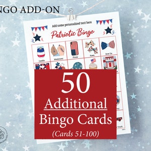 ADICIONAL: 50 cartelas de Bingo Patriótico adicionais (numeradas de 51 a 100) para acompanhar o jogo original, vendido separadamente