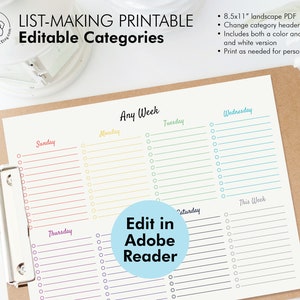 May include: Printable checklist for planning your week. The checklist is divided into days of the week, with space for writing tasks. The checklist is editable in Adobe Reader. The text "Any Week" is at the top of the checklist.