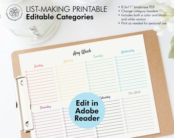 Printable Weekly Planner - Editable List Page, Color and Black Version, To Do Lists, Fillable PDF, List Template, Organization Planning