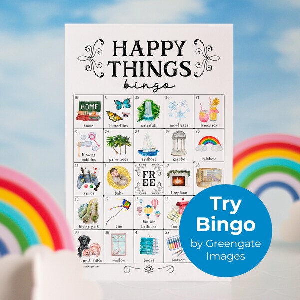 Happy Things Bingo - 50 Unique Cards. Try out Greengate Images bingo w/ this *deeply* discounted full set. Printable digital download PDFs.