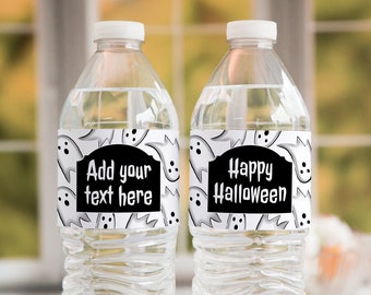 Ghosts Halloween Water Bottle Label - PRINTABLE Corjl editable, black and white, happy halloween, beverage wrap, trick or treat ideas, decor