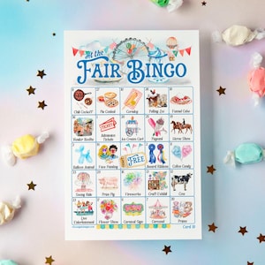 Fair Bingo - 50 PRINTABLE unique cards. Instant digital download PDF. Fun, cute activity for state & county fair-themed event. Carnival day.