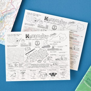 AFDRUKBARE Kentucky-activiteitenpagina - PDF-kindergames direct downloaden. KY staat feiten, woord zoeken, doolhof, ontcijferen 8,5 x 11" kleurplacemat.
