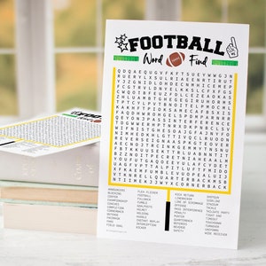 May include: A printable word search puzzle with a yellow and black football theme. The puzzle features the words "FOOTBALL Word Find" at the top and a list of football terms at the bottom.