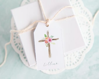 Cross Gift Tags - printable gift tags, cross flowers, editable corjl, christian church, favor bag tags, personalized name tags, hang tags