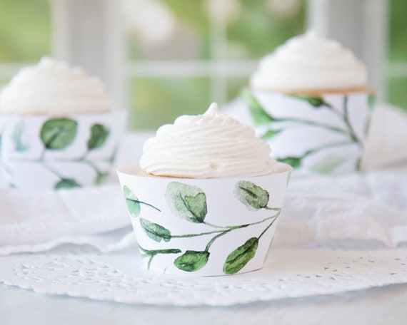 Wedding Greenery Cupcake Wrappers - PRINTABLE watercolor leaves, bridal shower ideas, memorial cupcakes, mother's day, party printables