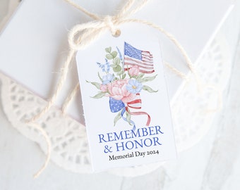 Patriotic Floral Gift Tag - Printable & Corjl Editable / Watercolor American Flag Flower / Hang Tag  / Favor Bag Tag / Military Funeral Idea