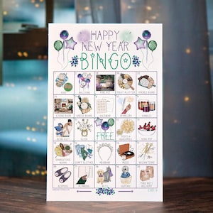 Cartões de Bingo de Ano Novo em Casa - 50 cartões IMPRIMÍVEIS para download instantâneo. Sem referências a álcool/champanhe. NYE ficando em casa, aconchegados de pijamas.