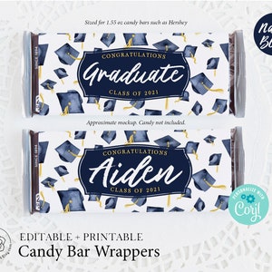 Navy Blue Graduation Candy Bar Wrappers - Custom chocolate wrap editable Corjl personalized candy label, congratulations graduate, add name