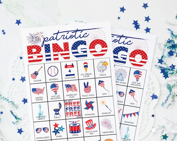 Patriotic Bingo Cards: Printable Bingo 50 Cards 4th of July