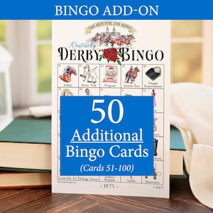 ADICIONAL: 50 cartelas adicionais de Kentucky Derby Bingo (numeradas de 51 a 100) para acompanhar o jogo original, vendidas separadamente