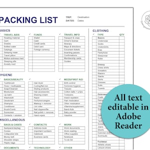 May include: A printable packing list checklist with categories for basics, travel aids, funds, travel info, hygiene, basics/beauty, meds/first aid, clothing, bags & cases, contacts, work, documents, technology, and other. The text "All text editable in Adobe Reader" is in a teal circle on the right side of the page.