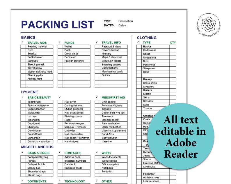 May include: A printable packing list checklist with categories for basics, travel aids, funds, travel info, hygiene, basics/beauty, meds/first aid, clothing, bags & cases, contacts, work, documents, technology, and other. The text "All text editable in Adobe Reader" is in a teal circle on the right side of the page.