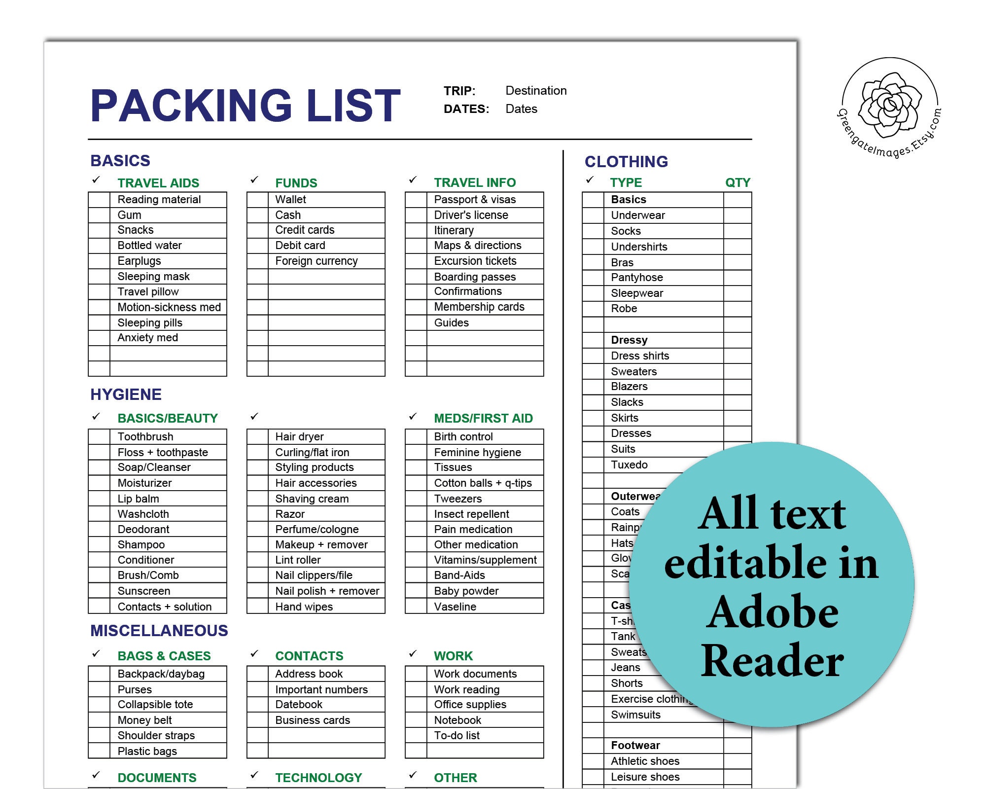 Travel Packing List - Printable List, Editable Packing List, Travel ...