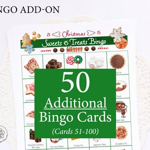 ADICIONAL: 50 cartões adicionais de Bingo de Doces e Guloseimas de Natal (numerados de 51 a 100) para acompanhar o jogo original, vendido separadamente