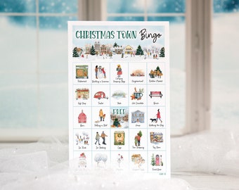 Christmas Town Bingo Cards: Printable bingo, 50 cards download, senior citizen activity, children game all ages, labeled cute color pictures