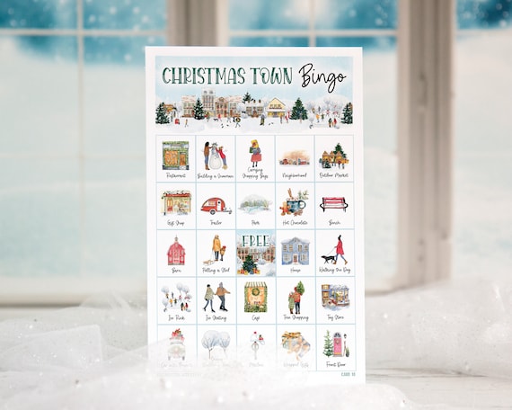 Christmas Town Bingo Cards: Printable bingo, 50 cards download, senior citizen activity, children game all ages, labeled cute color pictures