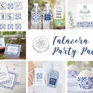 Talavera Party Pack - PRINTABLE decoration bundle. Edit in Corjl. Blue white tile, azulejos design, Mediterranean Spanish, French Italian.