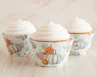 Fall Pumpkin Cupcake Wrappers - Printable PDF, instant download, cupcake sleeves with watercolor leaves and pumpkins. Thanksgiving cupcakes.