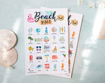 Beach Bingo: PRINTABLE 50 cards, bingo pdf game, party game ideas, kids summer game, beach party ideas, labeled beach pictures, colorful