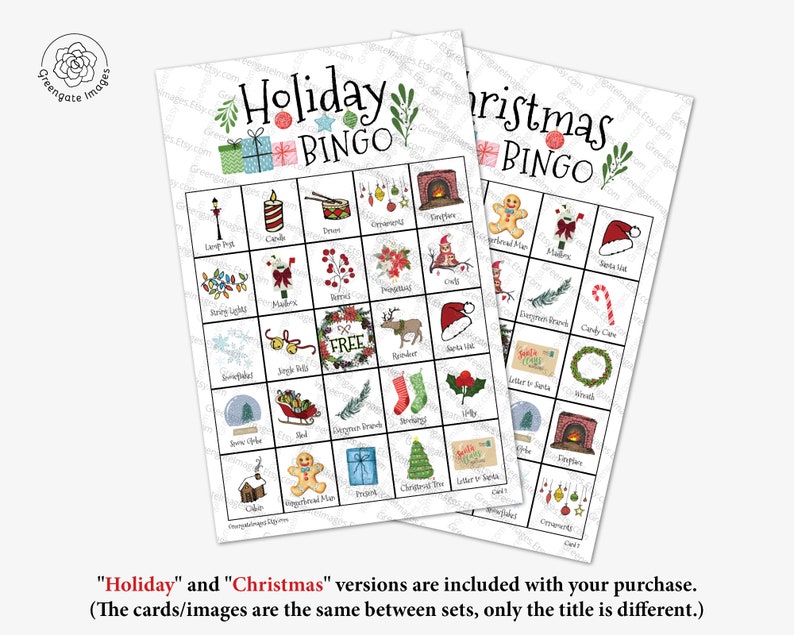 Christmas/Holiday Bingo Cards: Printable bingo, 50 cards, senior citizen activity, kids game, activity, bingo with pictures, color bingo image 5