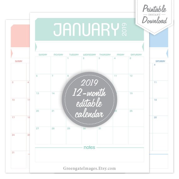 2019 printable fillable calendar editable calendar 2019 calendar 8 5x11 calendar printable calendar pages calendar template planner fillable calendar template