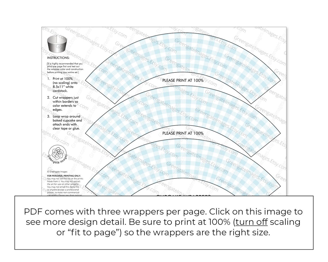 Light Blue Gingham Cupcake Wrappers - PRINTABLE Instant Download PDF ...