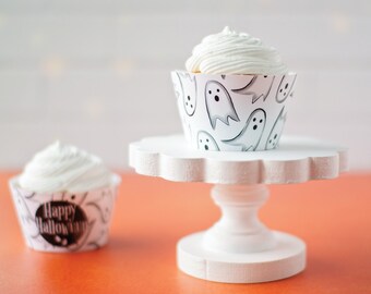 Ghost Halloween Cupcake Wrapper - PRINTABLE digital download PDF, kids ideas, party decorations, black and white, with without text, dessert