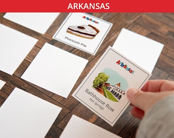 Arkansas Memory Game - PRINTABLE downloadable activity PDF. Matching game. 36 picture cards representing symbols & aspects of a US state.