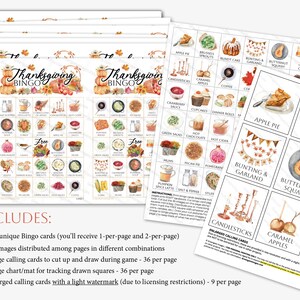 Thanksgiving Bingo Cards 50 PRINTABLE unique cards in PDF, senior citizen activity, kids game all ages, large print text w/ color pictures image 3