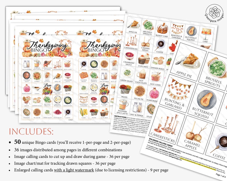 Thanksgiving Bingo Cards 50 PRINTABLE unique cards in PDF, senior citizen activity, kids game all ages, large print text w/ color pictures 画像 3