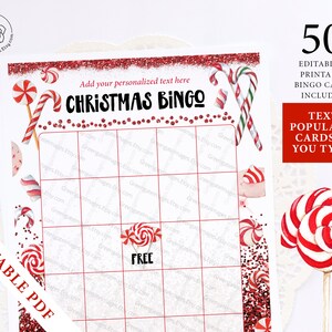 FILLABLE Candy Cane Bingo Template: 50 Cards Printable pdf, editable personalized custom holiday game diy blank Christmas bingo, find guest image 3