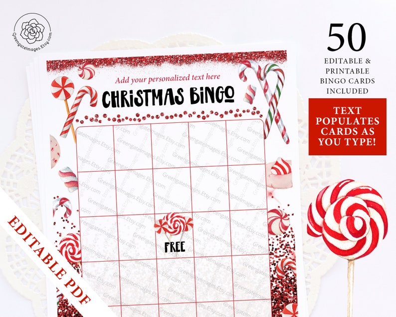FILLABLE Candy Cane Bingo Template: 50 Cards Printable pdf, editable personalized custom holiday game diy blank Christmas bingo, find guest image 3