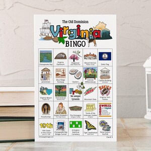 Cartões de Bingo da Virgínia - 50 cartões exclusivos IMPRIMÍVEIS para download instantâneo. Atividade divertida do estado da Virgínia para crianças e idosos. Jogo educacional para educação domiciliar.