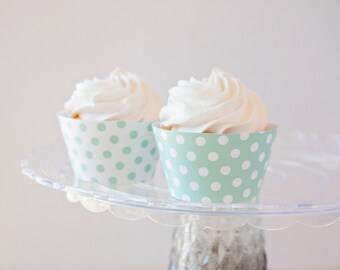 Mint Green Polka Dot Cupcake Wrappers - INSTANT DOWNLOAD, light pale green and white, printable cupcake wraps, party printables, baby shower