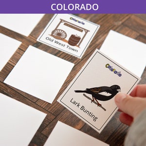 Colorado Memory Game - DRUCKBARE herunterladbare Aktivität PDF. Memory Spiel. 36 Bildkarten, die Symbole und Aspekte des US Bundesstaates darstellen.