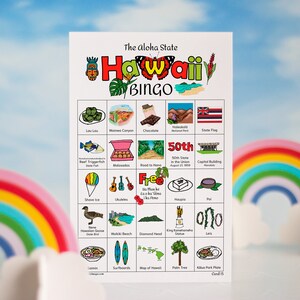 Cartões de Bingo do Havaí - 50 cartões exclusivos IMPRIMÍVEIS para download instantâneo. Atividade divertida do estado do Havaí para crianças e idosos. Jogo educacional para educação domiciliar.