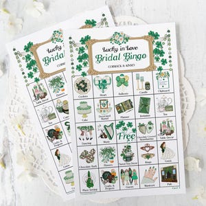 St. Patrick's Braut Bingo Karten - 50 DRUCKBARE einzigartige Karten in PDFs. Personalisiere den Kopf- und Titeltext mit Adobe Reader. Glück in der Liebe.