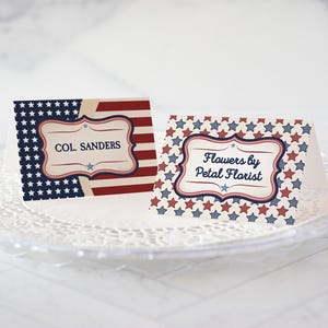 Enseignes patriotiques américaines de nourriture - IMPRIMABLE, édition à Corjl, bleu rouge vintage, cartes de table d'événement militaire, carte de buffet d'enseigne de tente 4 juillet