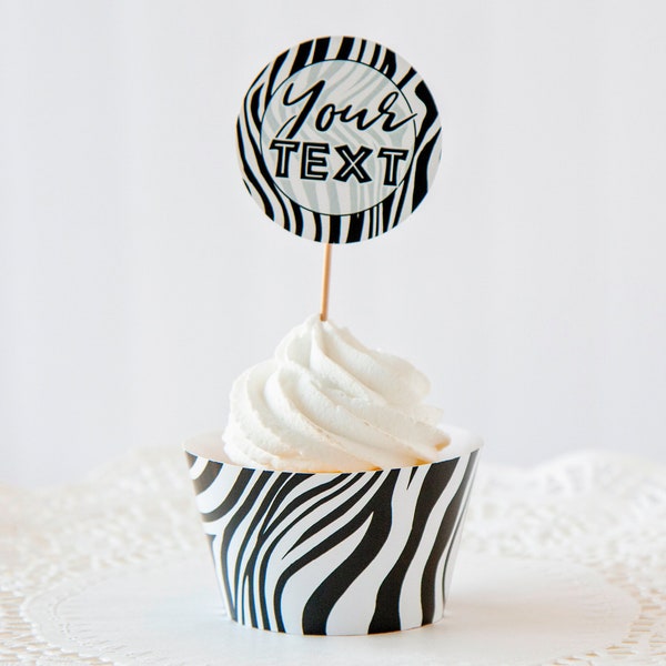 Zebra Print Cupcake Wrappers + Toppers - PRINTABLE wrappers, zebra cupcake toppers, corjl editable, wild one two wild, wild birthday party