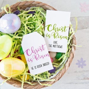 Étiquettes-cadeaux Le Christ est ressuscité - Église chrétienne IMPRIMABLE, étiquette de sac suspendue, message personnalisé modifiable, couleur personnalisée, modèle Corjl