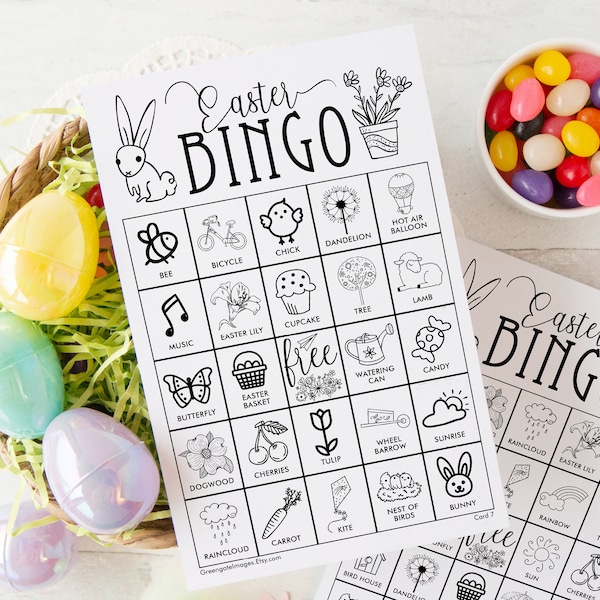 Easter Bingo Cards: Printable bingo cards, black and white, 50 cards, senior citizen activities, ink-saving, kids game idea, spring bingo