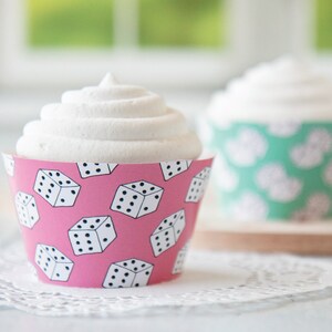 Game Dice Cupcake Wrapper Duo PRINTABLE instant download PDF. Pink mint green with black & white dice. Bunco night dessert for game fans. image 2