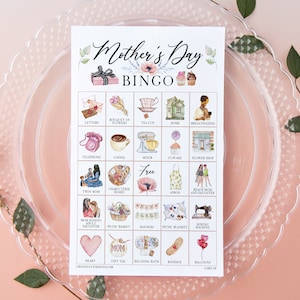 Muttertags Bingo - 50 druckbare Bingokarten, Mutter Damen Teeparty Spiel, Luncheon Brunch Muttersein feiern, beschriftetes Aquarell Bild